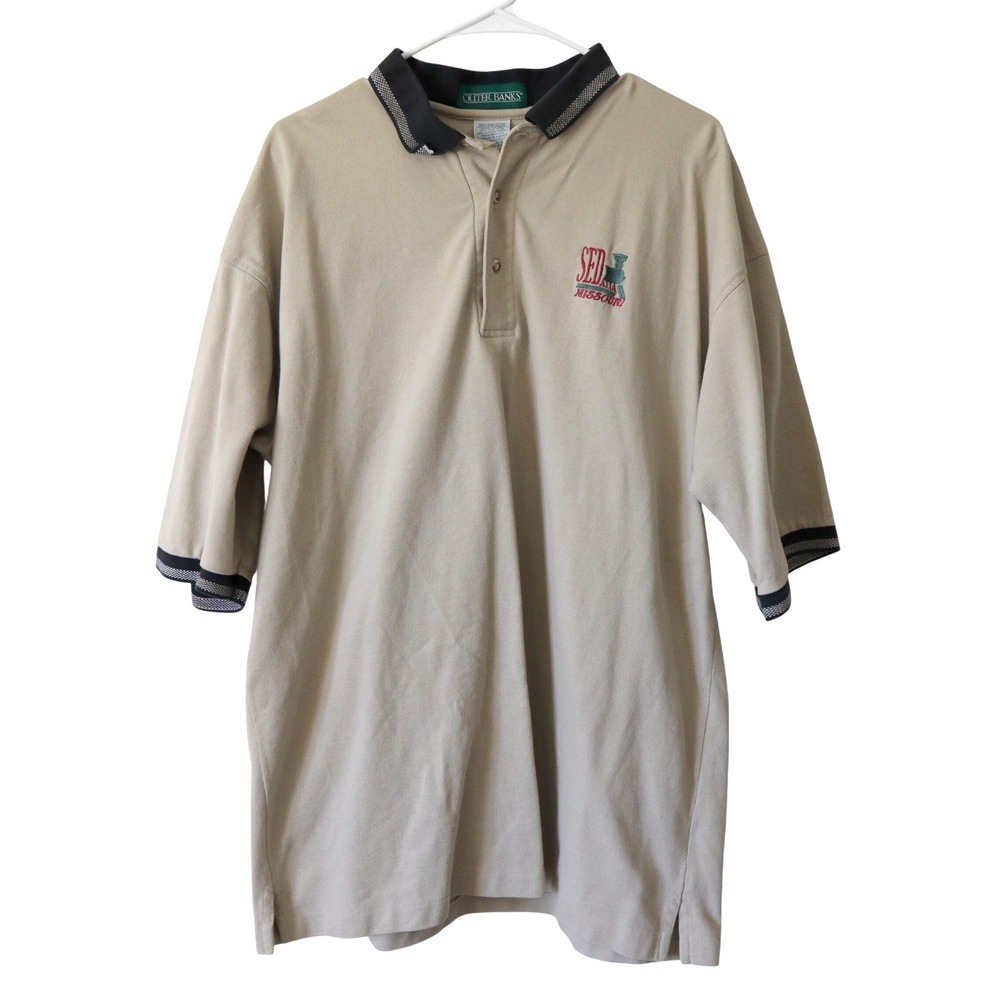 Outer Banks Men Khaki Polo Shirt Sedalia Missouri Train Embroidered 2X Large 90s
